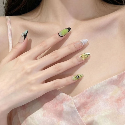 Artistic Press-On Nail Set with Butterfly and Floral Designs Bowlift