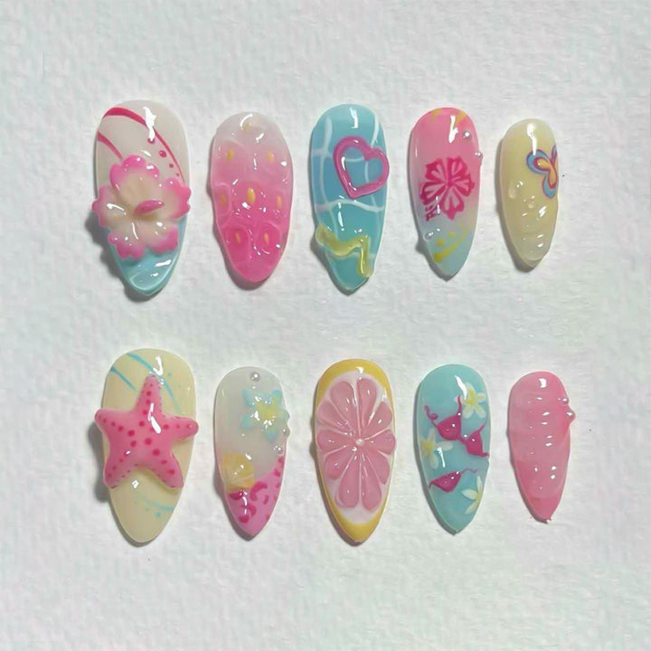 Artistic Floral and Star-Embellished Press-On Nail Set Bowlift
