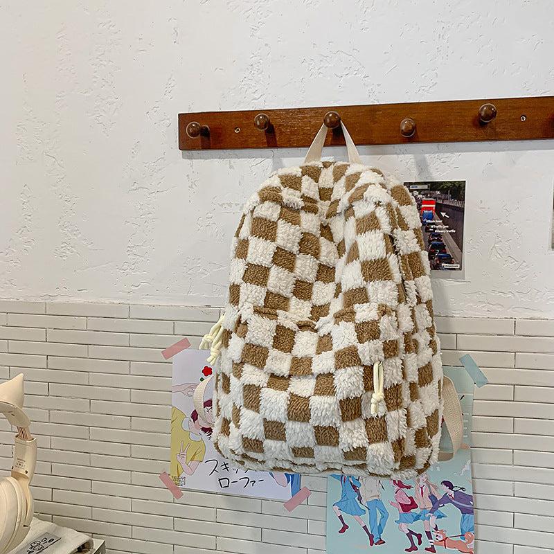 Soft Plush Checked Patterned Backpack