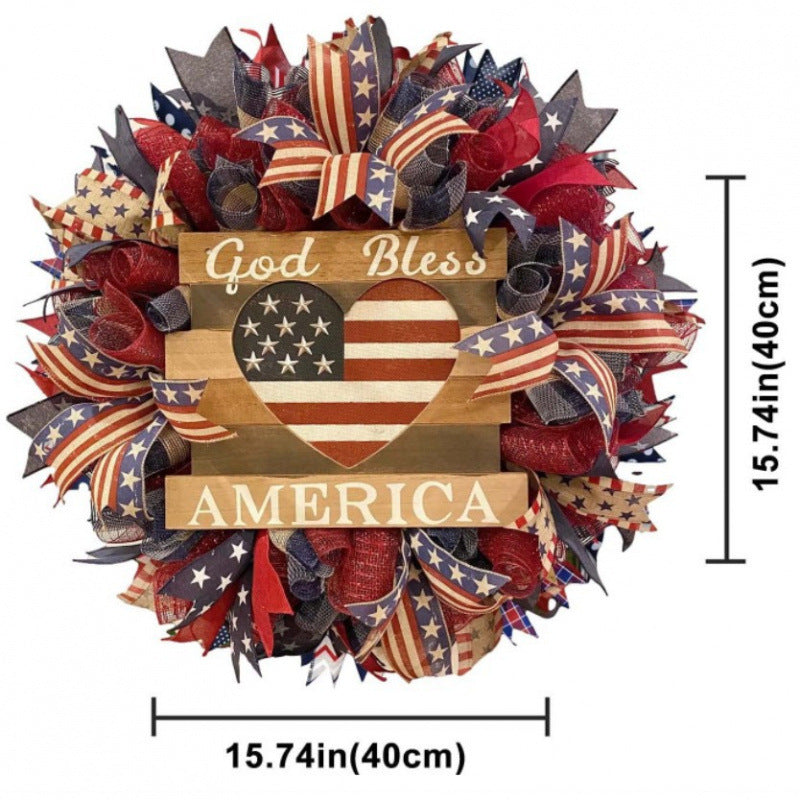 Unisex rustic patriotic door wreath with wooden sign heart motif and bow bouquet Bowlift
