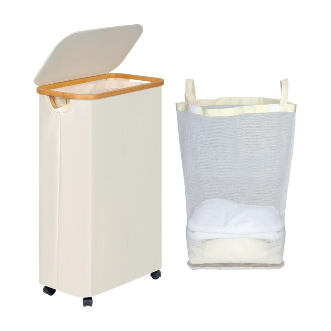 High-quality laundry container with bamboo lid and practical carrying handle Bowlift