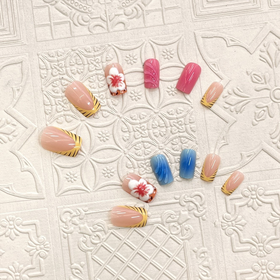 Artistic Press-On Nail Set with Floral and Wave Designs Bowlift