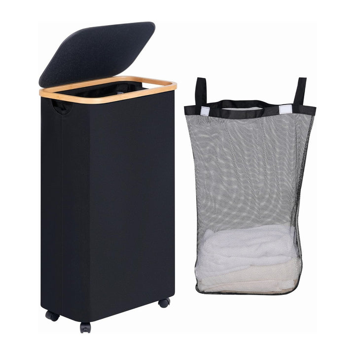 High-quality laundry container with bamboo lid and practical carrying handle Bowlift