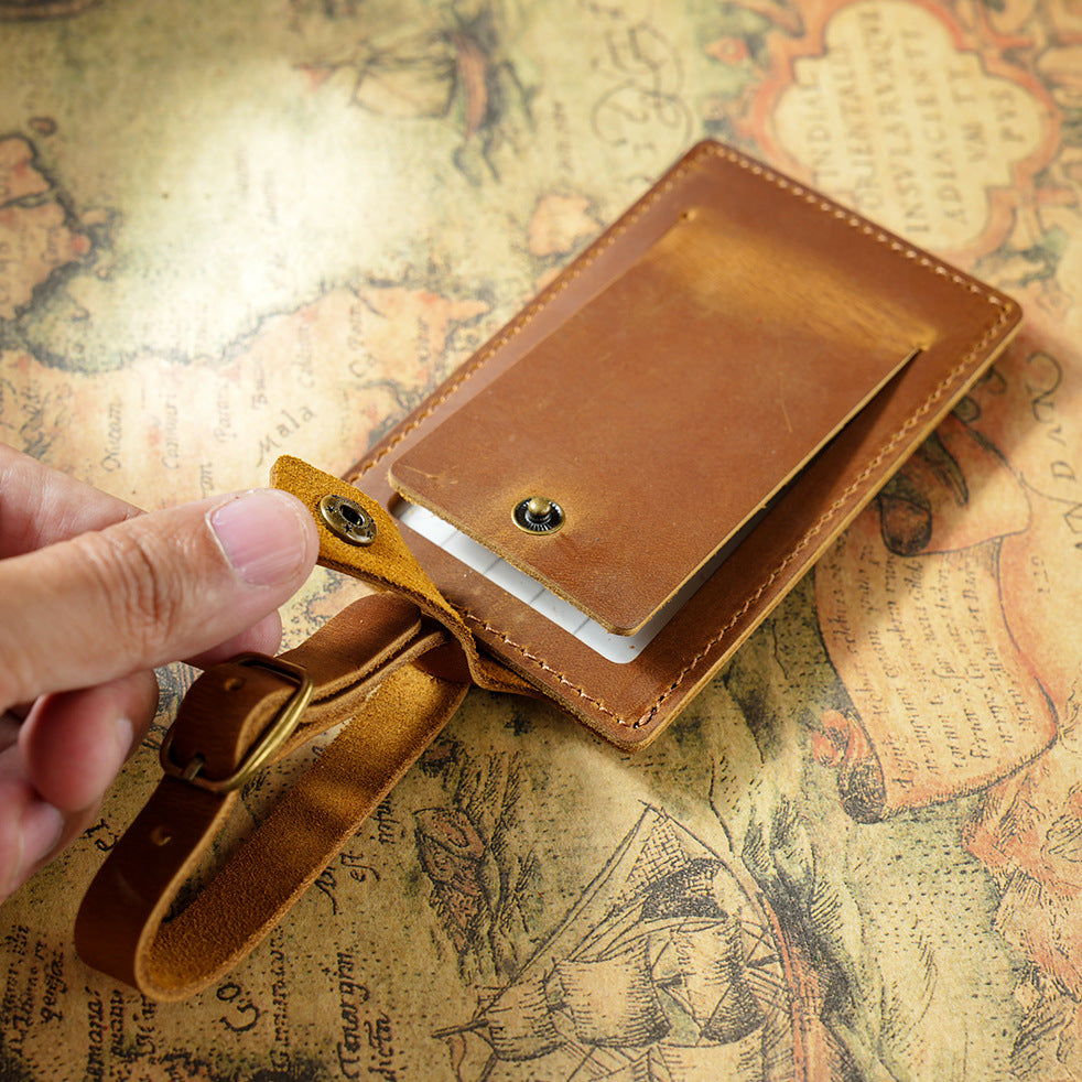 Vintage Full-Grain Leather Luggage Tag with Adjustable Buckle Strap Bowlift