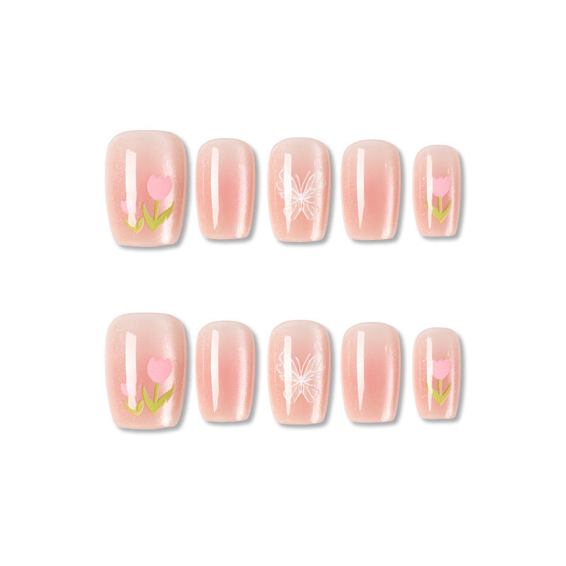 Artistic Press-On Nail Set with Floral Accents Bowlift 1787395327