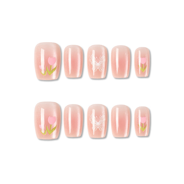 Artistic Press-On Nail Set with Floral Accents Bowlift 1787395327