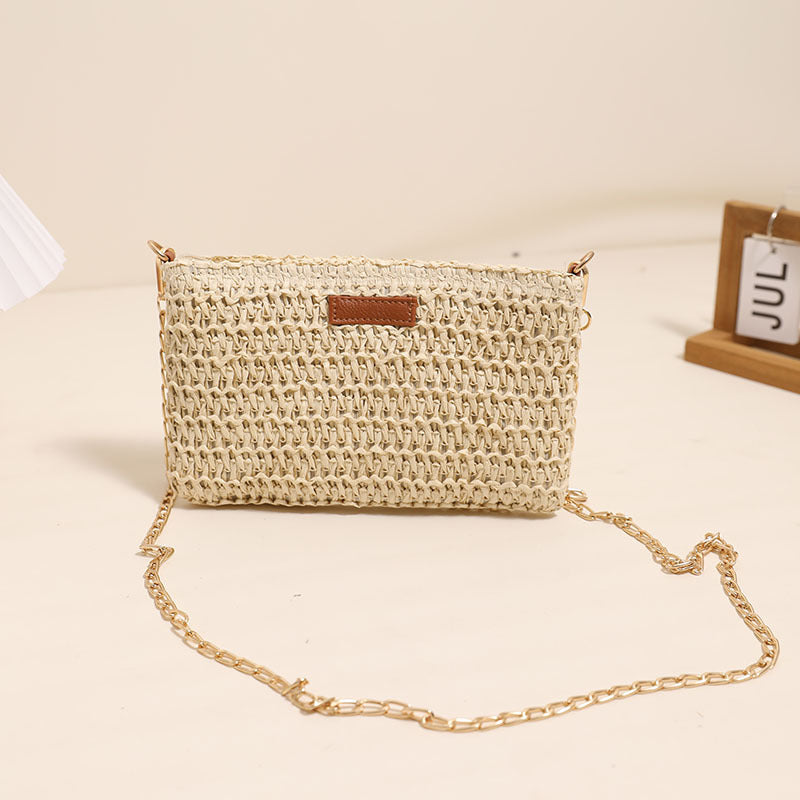 Handcrafted Shoulder Bag Made of Durable Straw Material with Gold Chain Bowlift