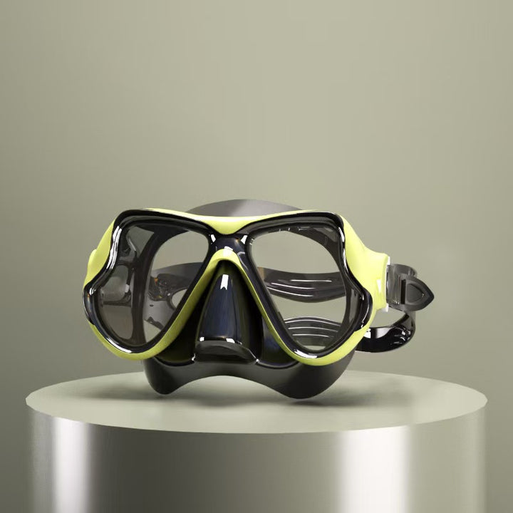 Diving mask with ergonomic design and a flexible snorkel Bowlift