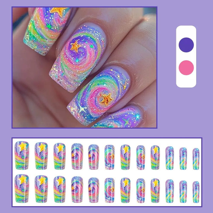 Glittering artificial nail set with colorful spiral design and star accents Bowlift