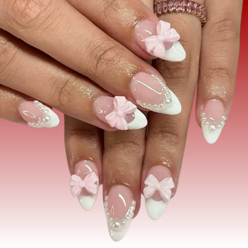 Elegant Artificial Nails with Bows and Pearl Design Bowlift