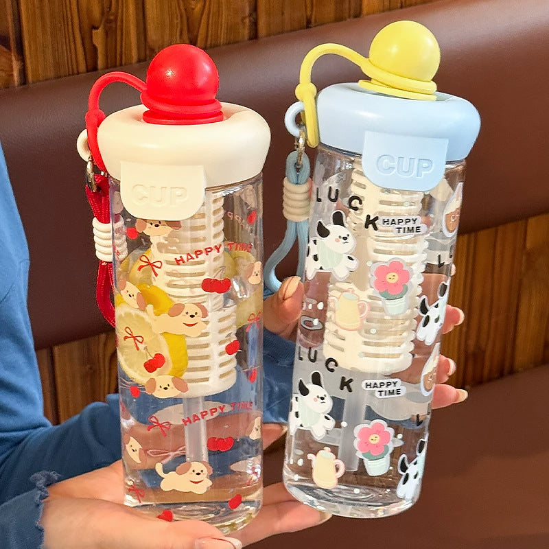 Kawaii Silicone-Topped Reusable Water Bottle with Carry Strap and Cute Dessert Print Bowlift
