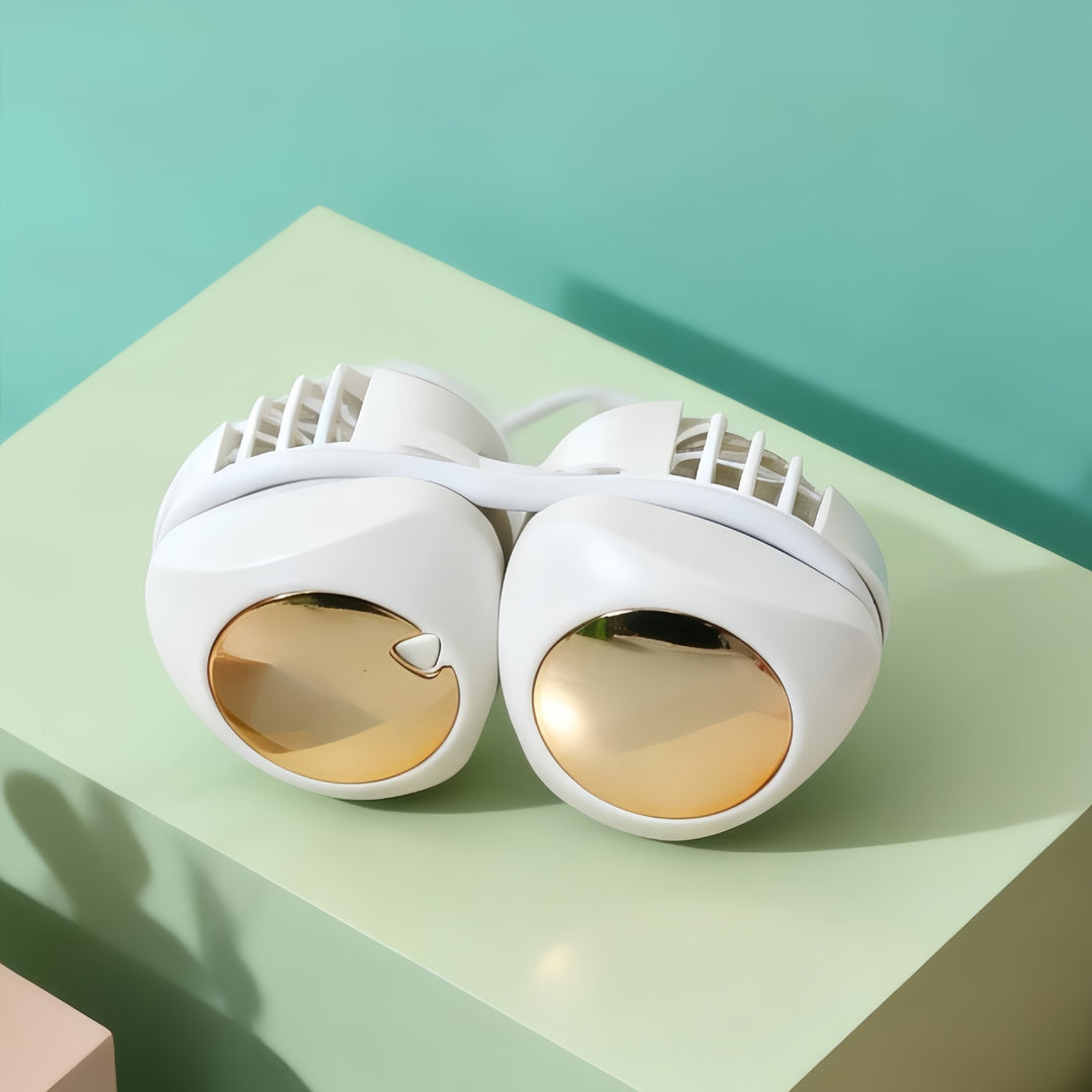 Cooling hands-free rechargeable neckband bladeless cooling fan with dual pivoting air pods and USB rechargeable battery Bowlift
