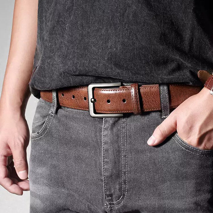 Classic Genuine Leather Dress Belt with Brushed Metal Pin Buckle Bowlift