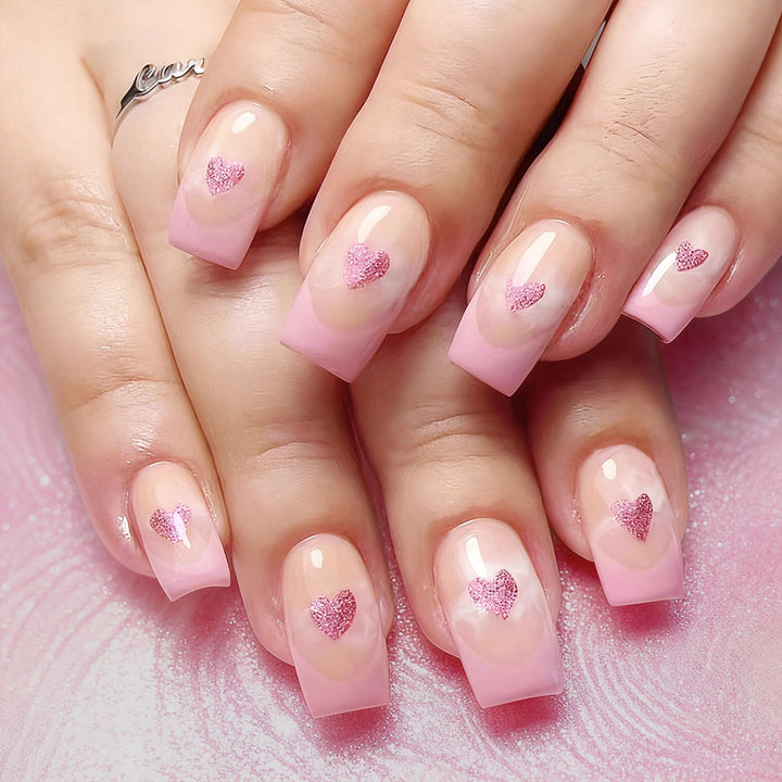 Heart-Embellished French Tip Acrylic Nails Bowlift