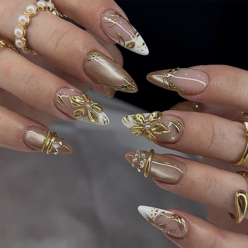 Artistic Floral-Embellished Stiletto Press-On Nails Bowlift