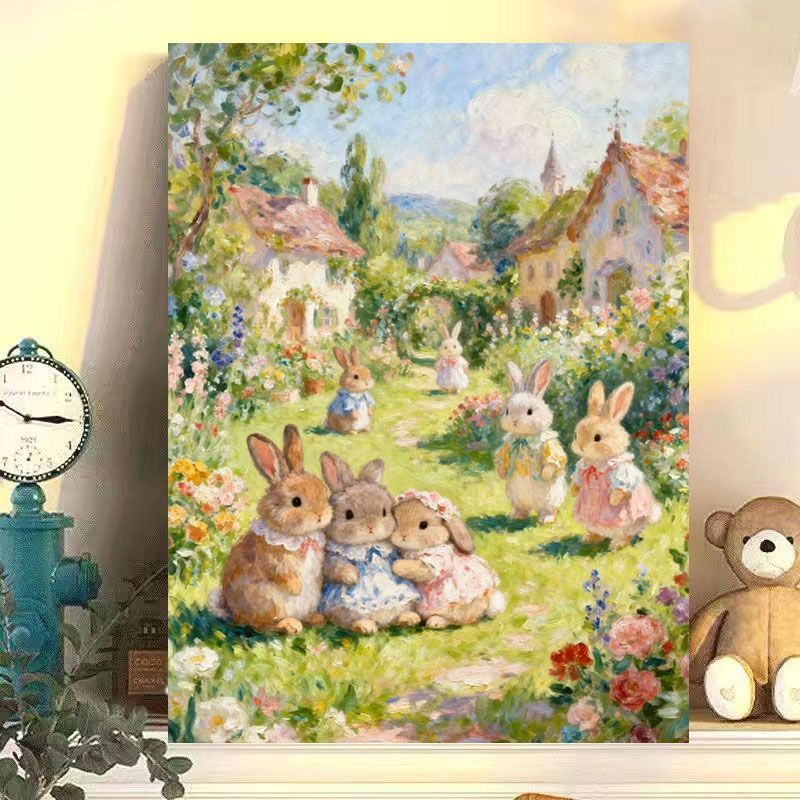 Whimsical Rabbit Scene Canvas Art Print Bowlift