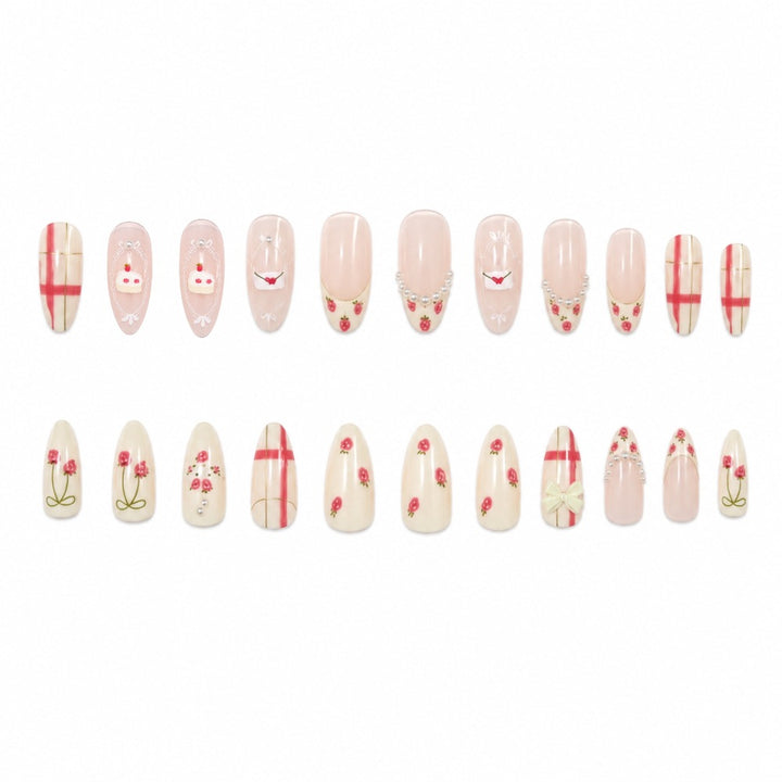 Decorative Press-On Nail Art Set with Floral and Bow Designs Bowlift