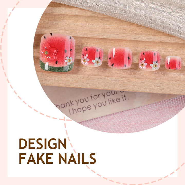 Creative nail art set with cheerful watermelon designs and delicate floral accents Bowlift
