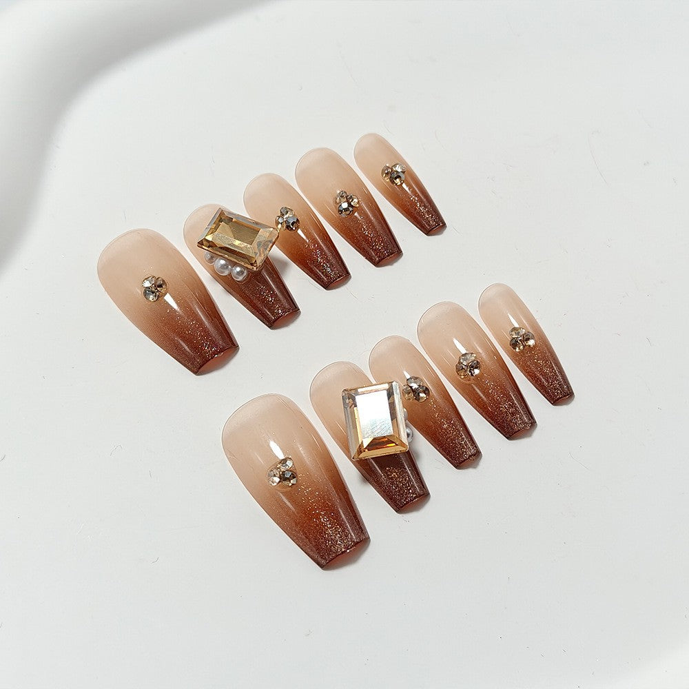 Artificial nails with elegant ombre effect and exquisite gemstones Bowlift
