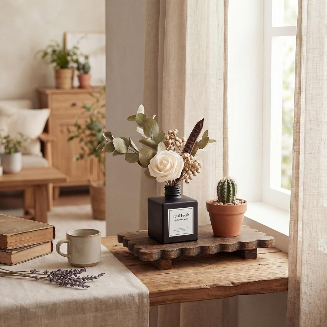 Scalloped reclaimed wood display pedestal for candles and succulents Bowlift