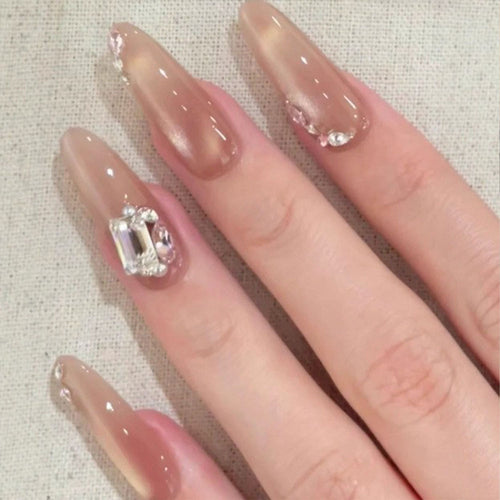 Luxury nude-style artificial nails with 3D stone decorations Bowlift