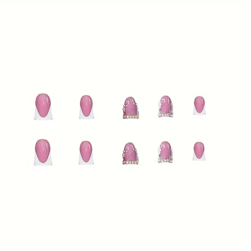Elegant French Tip Press-On Nail Art with Rhinestone Accents Bowlift