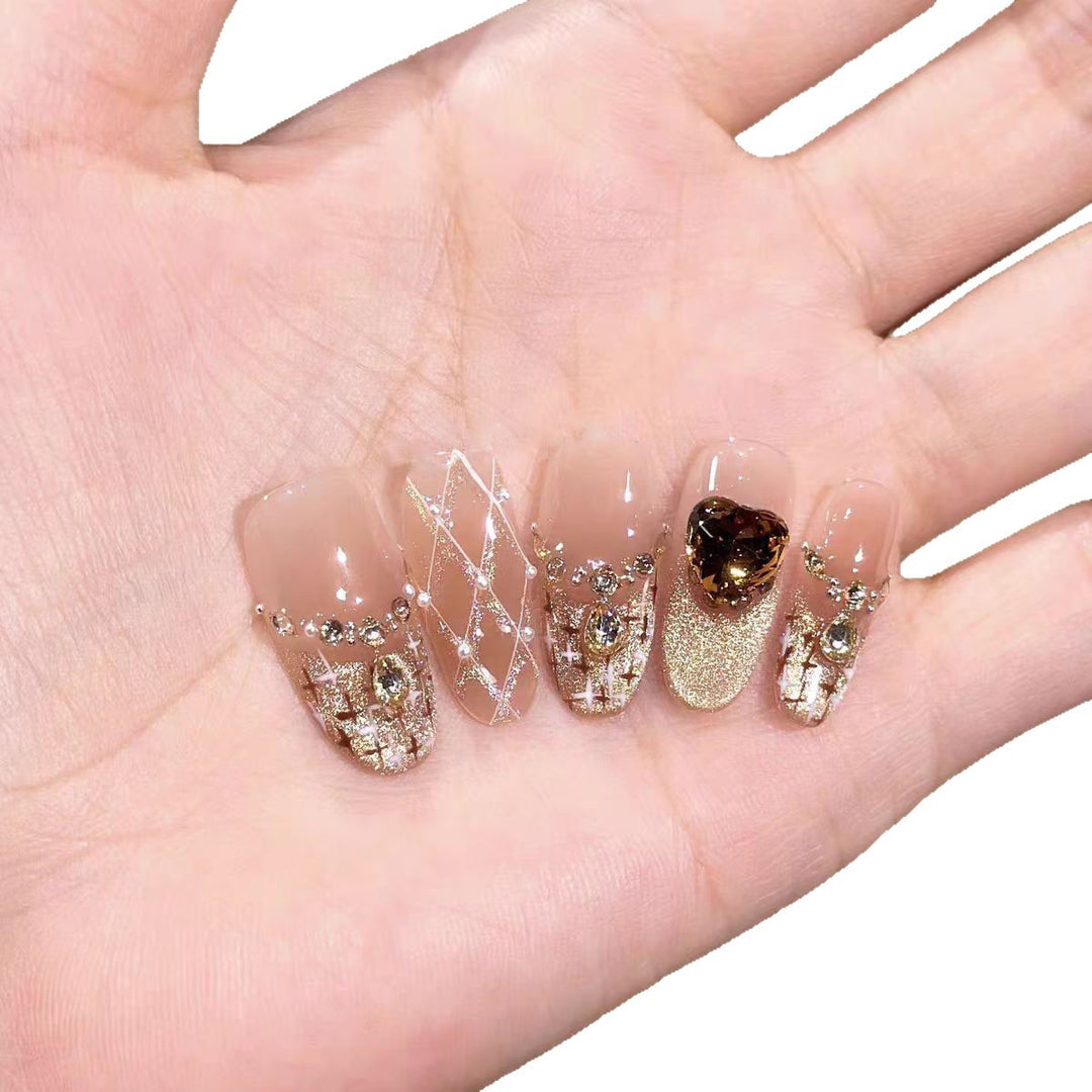 Artistic Press-On Nail Design Set with Heart and Geometric Patterns Bowlift