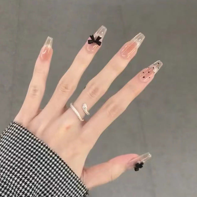 Stylish Long Press-On Nail Set with Bow Accents Bowlift
