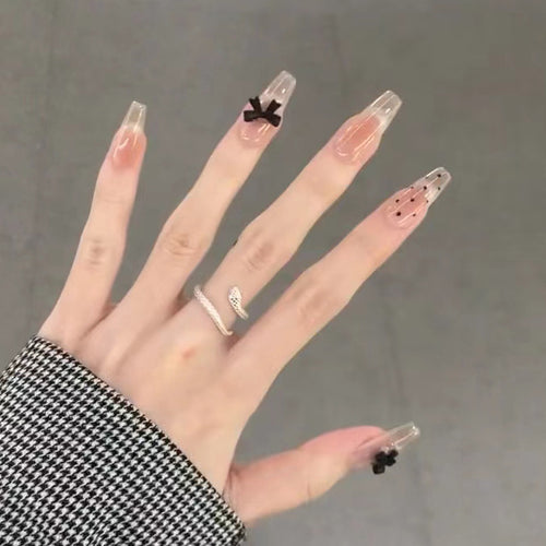 Stylish Long Press-On Nail Set with Bow Accents Bowlift