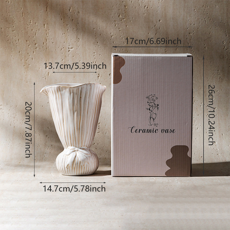 Hand-glazed Ribbed Woven Ceramic Decorative Vase with Sculpted Ball Base