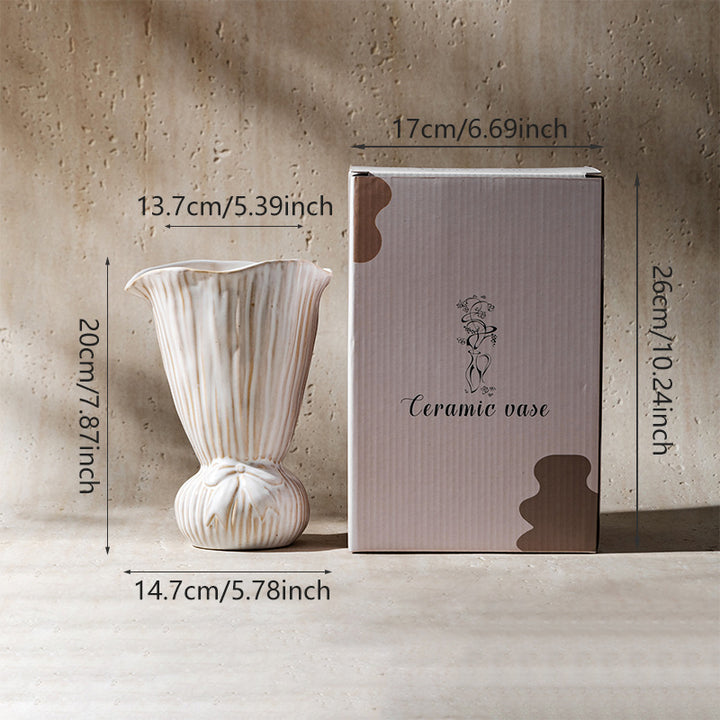Hand-glazed Ribbed Woven Ceramic Decorative Vase with Sculpted Ball Base