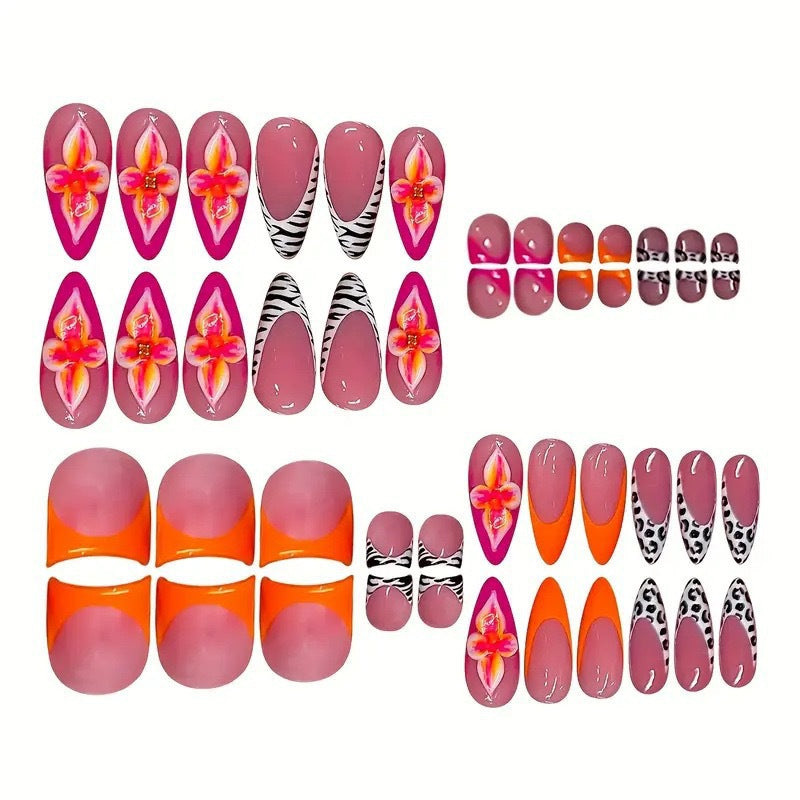 Artistic Press-On Nail Set with Floral and Geometric Accents Bowlift