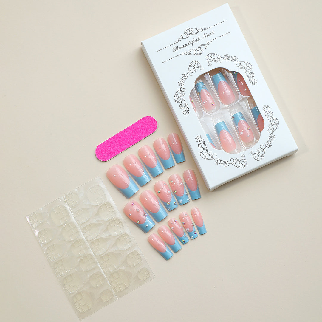 Premium Decorative Press-On Nail Set with Elegant Blue Tips and Jewel Accents Bowlift