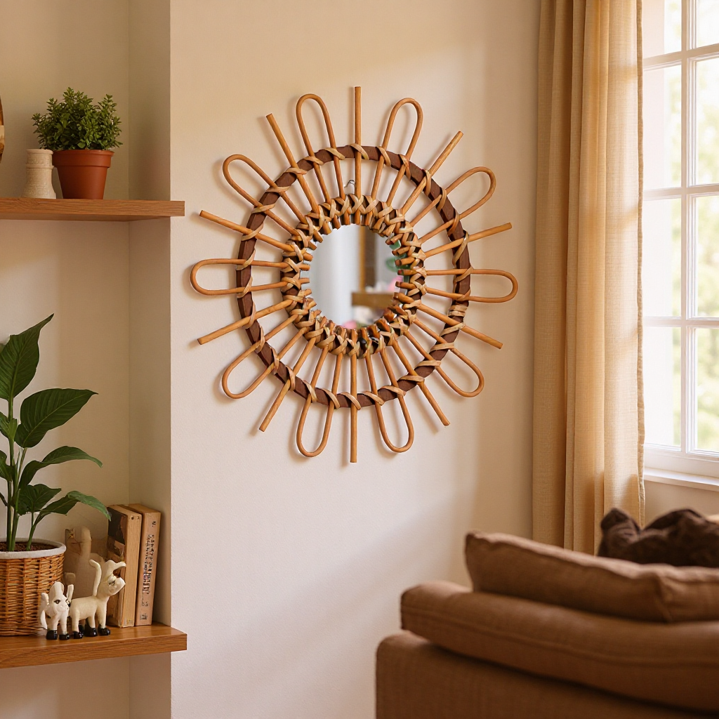 Trendy Round Wall Mirror with Rattan Frame Bowlift