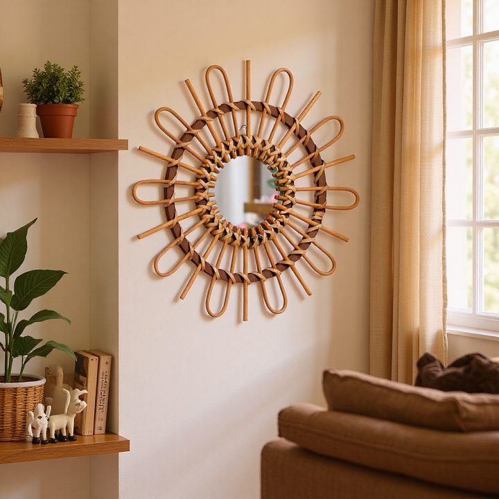 Trendy Round Wall Mirror with Rattan Frame Bowlift