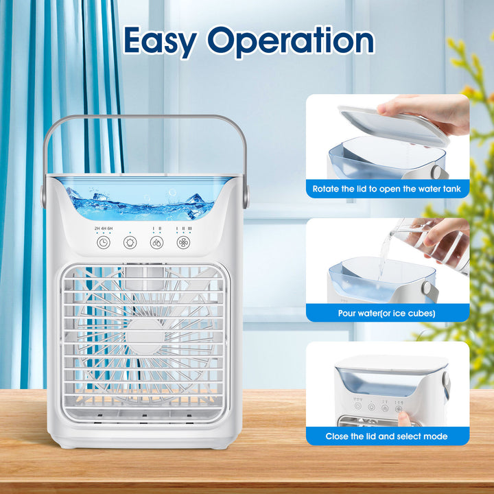 Cooling portable evaporative air cooler with refillable water reservoir adjustable louvers quiet fan and carry handle Bowlift