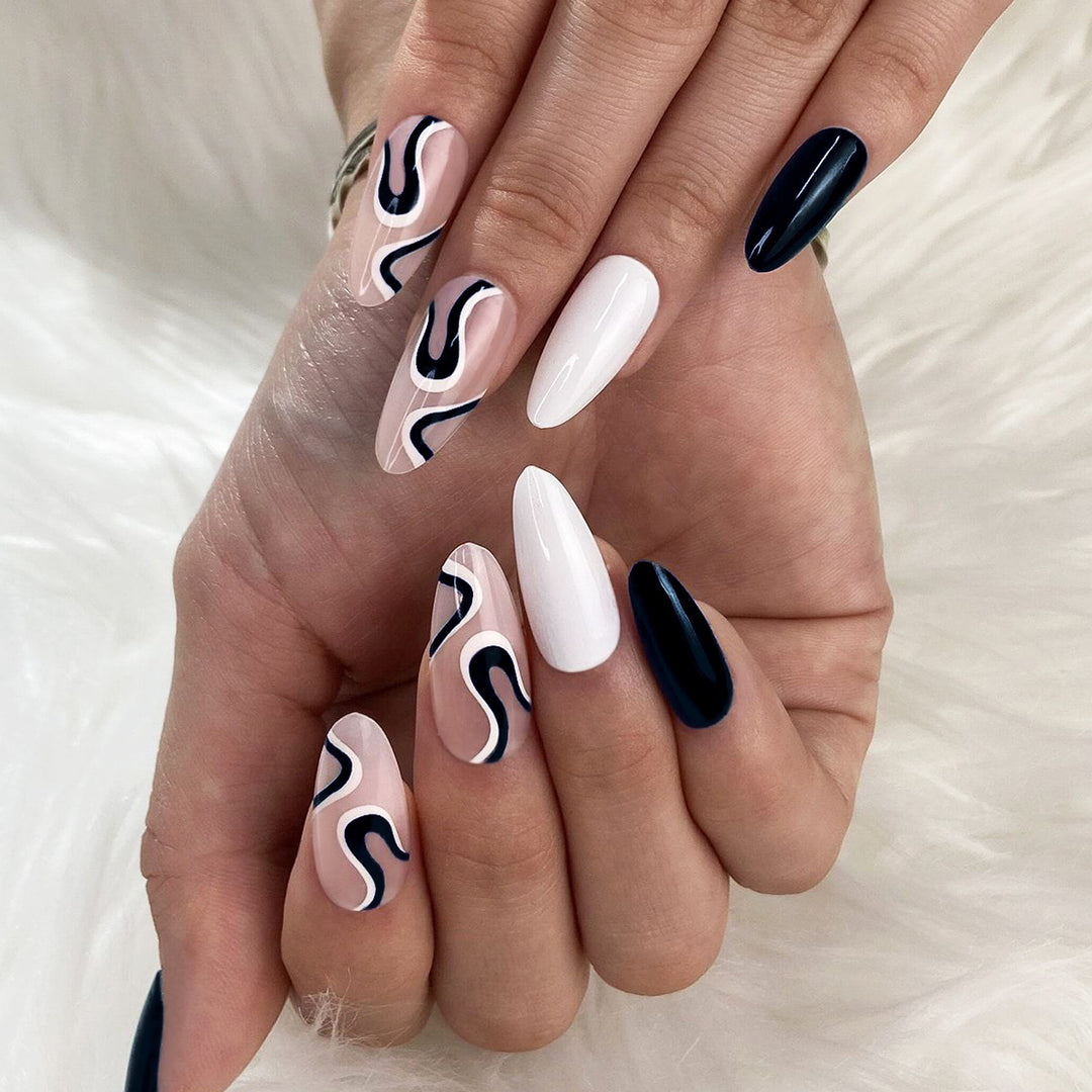 Abstract Wave Design Stiletto Press-On Nails Bowlift