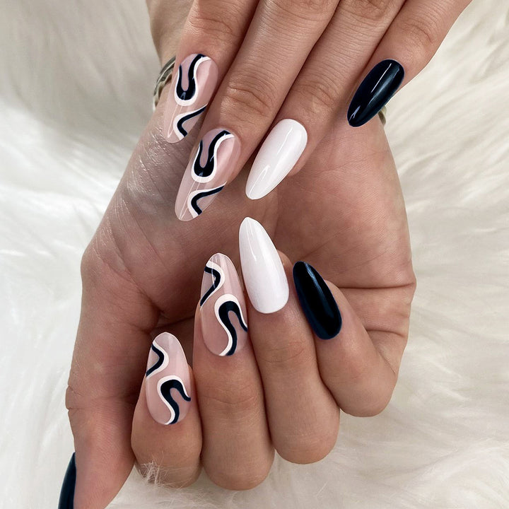 Abstract Wave Design Stiletto Press-On Nails Bowlift
