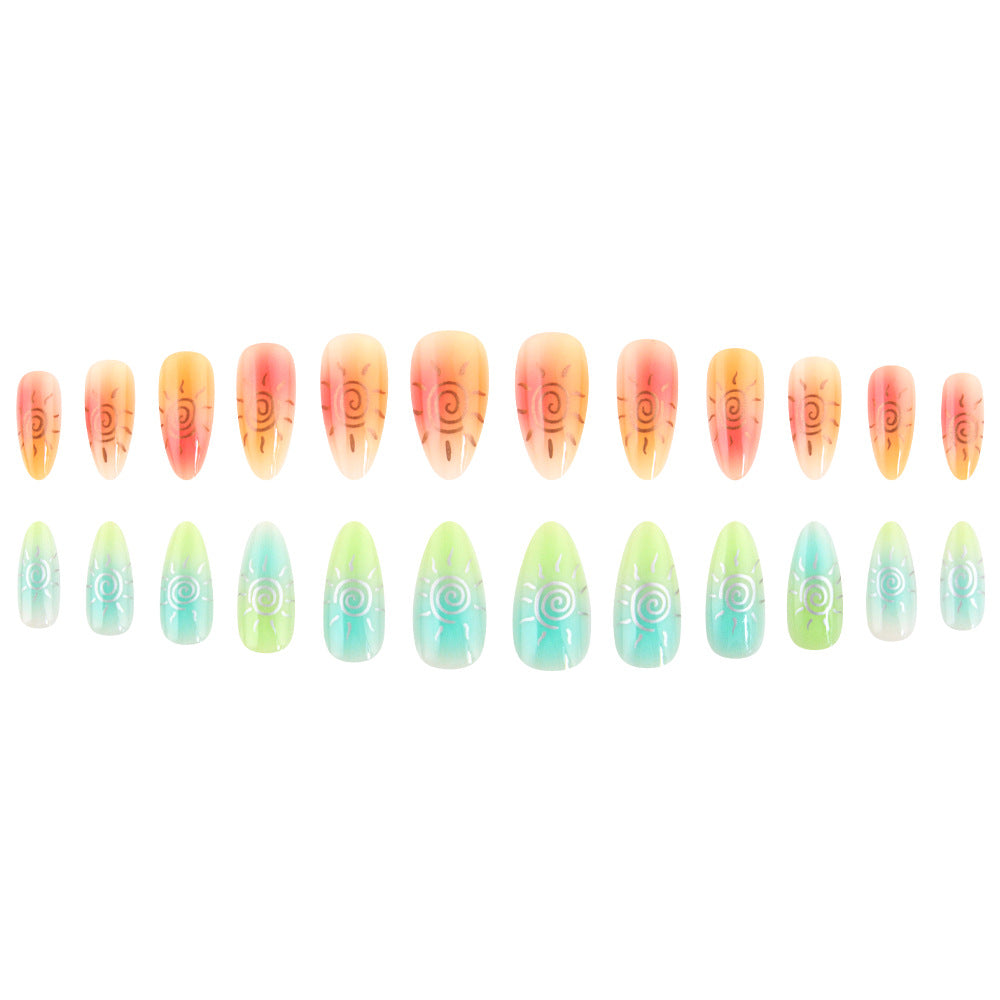 Artistic Press-On Nail Set Featuring Sun Designs Bowlift