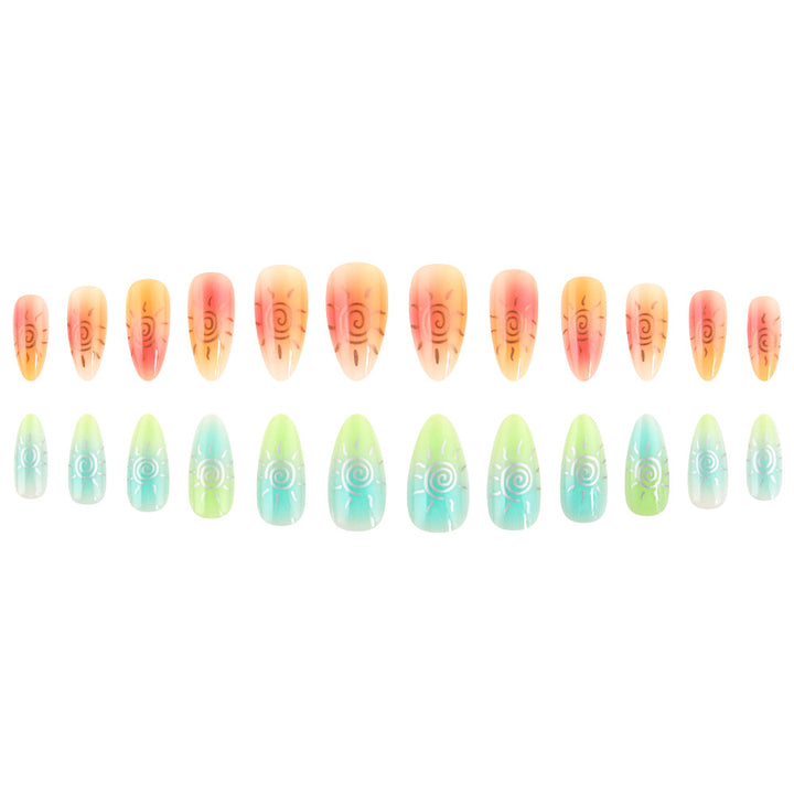 Artistic Press-On Nail Set Featuring Sun Designs Bowlift