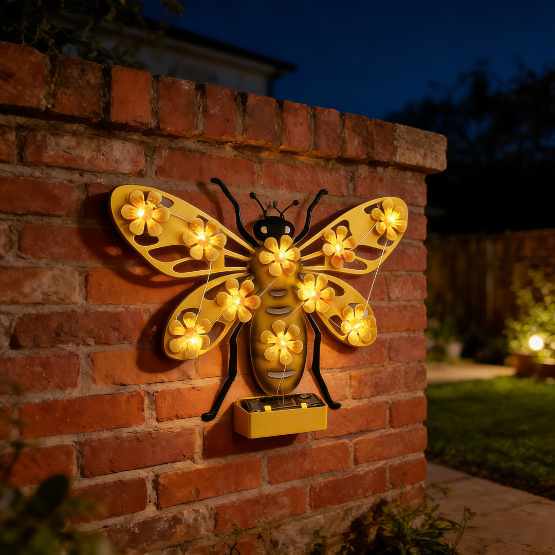 Decorative Solar LED Bee Wall Sculpture With Floral String Lights And Metal Mount Bowlift