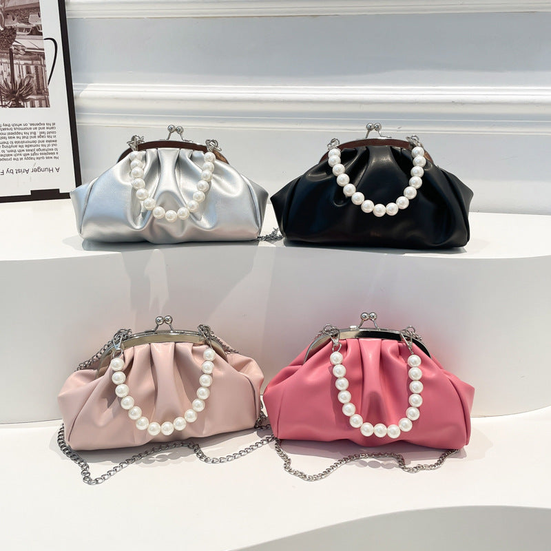 Elegant Clutch Handbag with Pearl Chain Bowlift