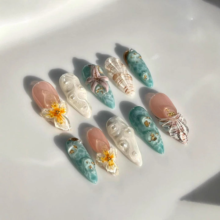 Ocean-Inspired 3D Decorative Press-On Nail Set Bowlift