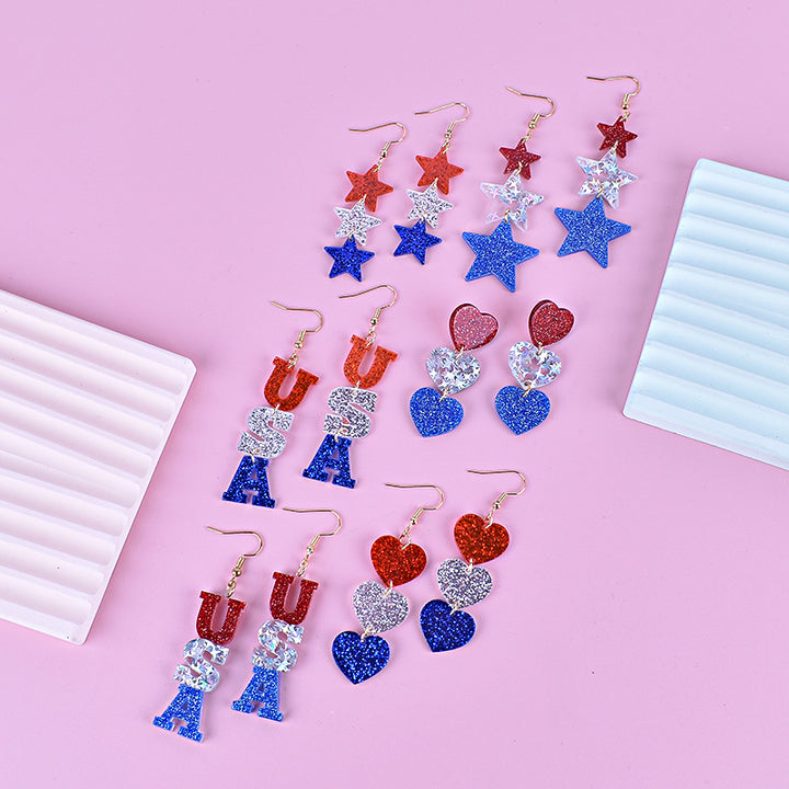 Women's long star pendant earrings made of glitter resin with three-tier chain suspension and fishhook bowlift