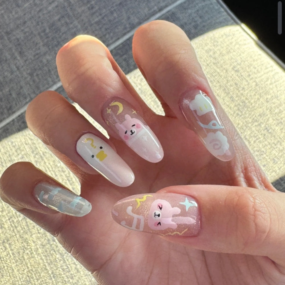 Artistic Press-On Nail Art Set with Floral and Gemstone Accents Bowlift