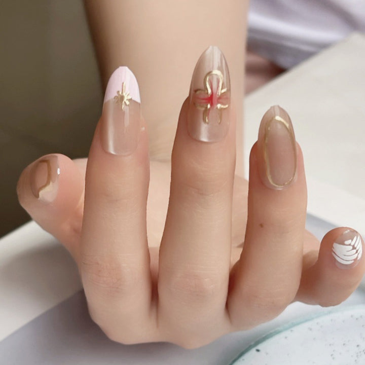 Artistic Press-On Nail Set with Elegant Floral Accents Bowlift
