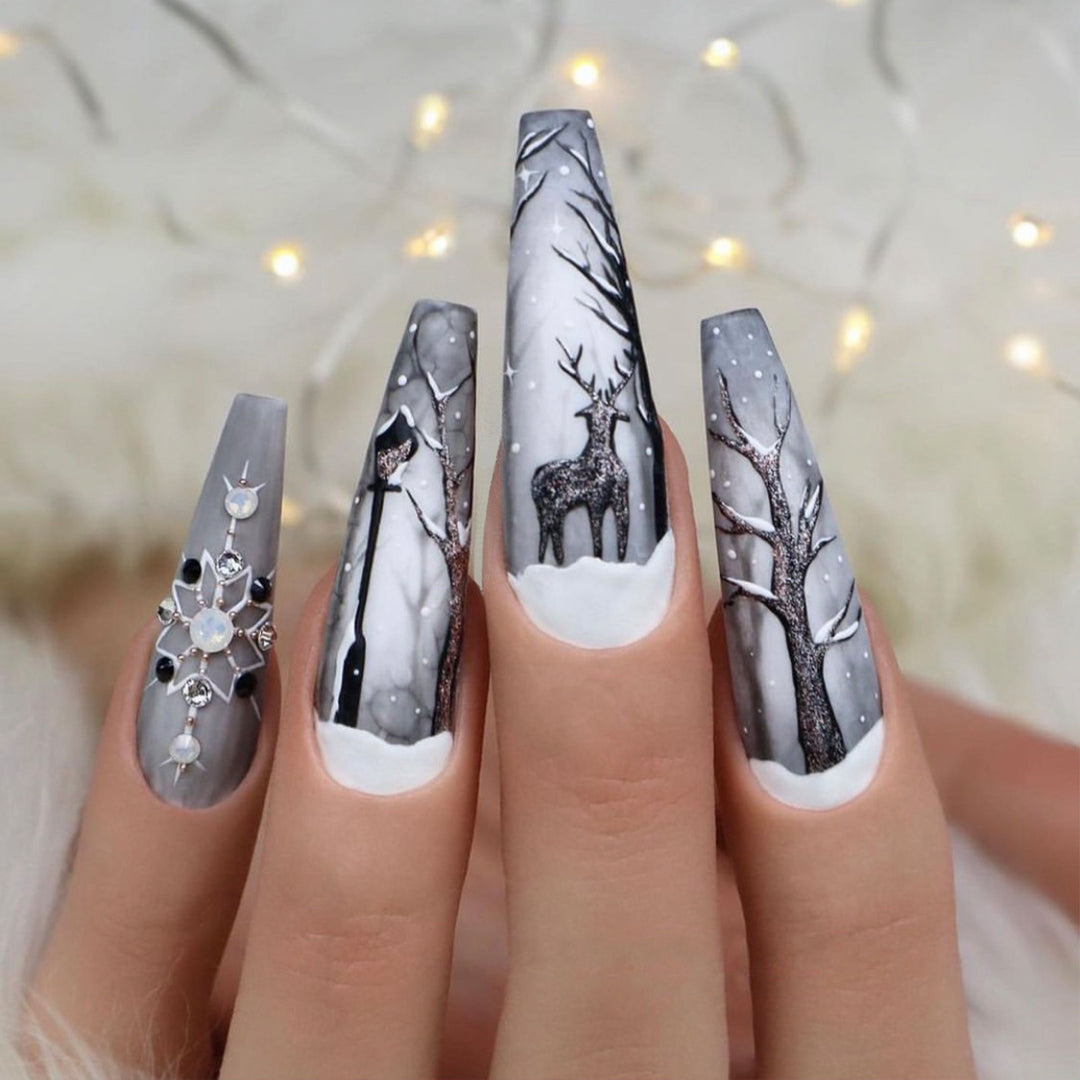 Fashionable Press-On Nail Art Set with Elegant Winter Tree Design Bowlift