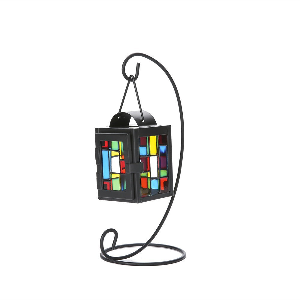 Stained Glass Mosaic Hanging Tealight Lantern with Metal Frame Bowlift