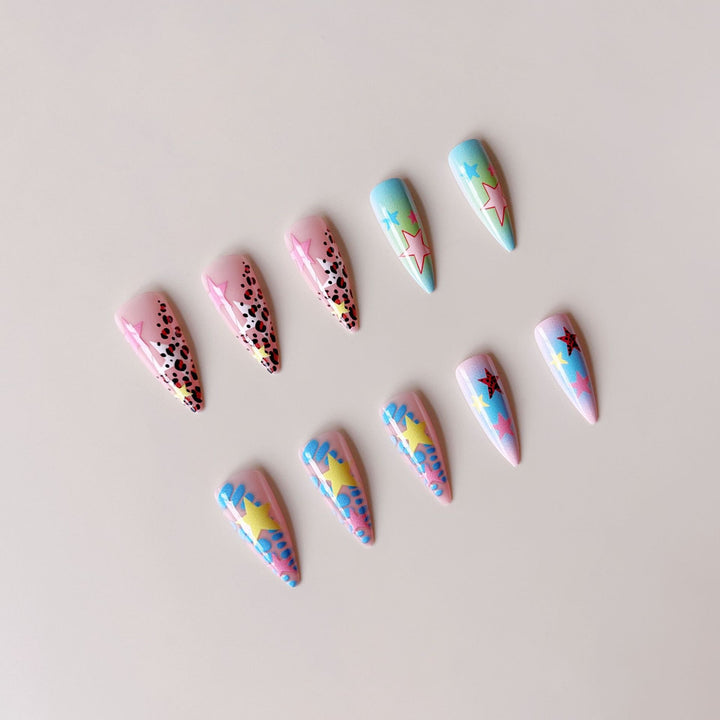 Artificial nail set with colorful 3D star designs Bowlift