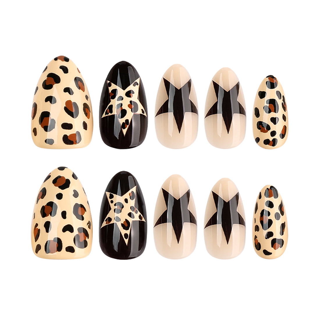 Artistic Nail Extensions with Leopard and Star Design Bowlift